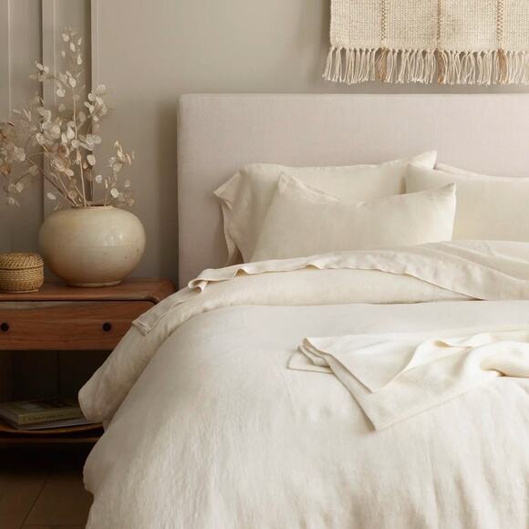 Quince European Linen Duvet Cover Set Natural Mini Pinstripe Size Queen - Picture 1 of 15